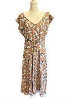 Loft Peachy Neutral Colored Floral Print Linen Midi Dress sz 8P